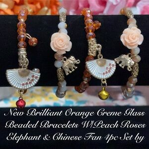 Sprinting Peach & Orange Glass Beaded Bracelets W/Fan & Elephant Charms 4pc